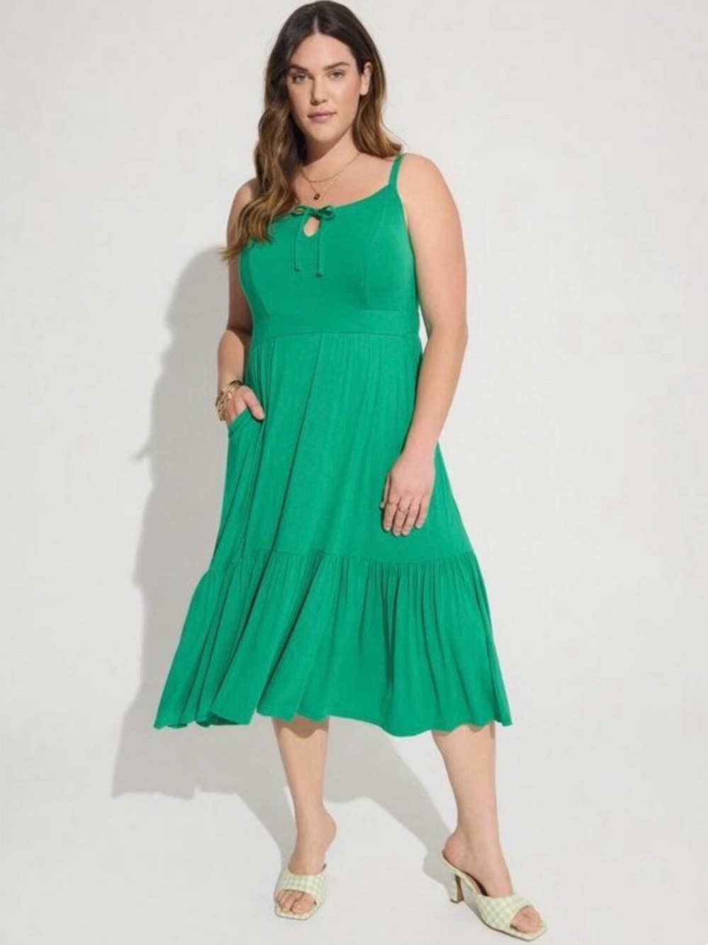 NWT Torrid Midi Supersoft Tiered Tie Front Dress Size 6X Green Sleeveless